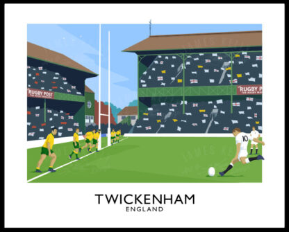 A vintage style art ptint of a Rugby Union match between England and Australia at Twickenham