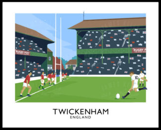 A vintage style art ptint of a Rugby Union match between England and Wales at Twickenham
