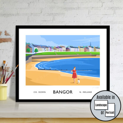 Vintage style travel poster art print of Ballyholme Beach,  Bangor, County Down.