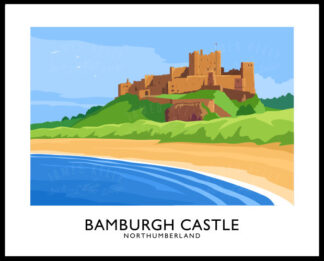 A vintage style poster art ptint of Bamburgh Castle in Northumbria, England.