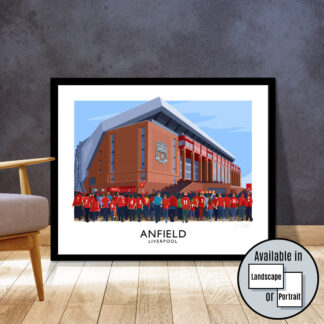 Vintage style poster art print of Liverpool FC supporters arriving at Anfield stadium