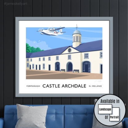 A vintage style poster art print of a WW2 Sunderland seaplane flying over Castle Archdale, County Fermanagh.