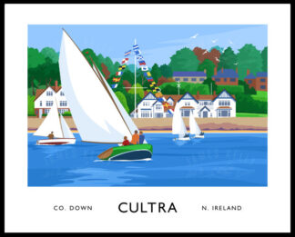 Vintage style poster art print of sailing yachts off Cultra seafront, County Down.