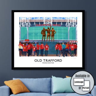 Vintage style poster art print of Man Utd supporters arriving at Old Trafford stadium, Manchester.