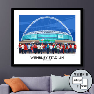 Vintage style poster art print of England football supporters arriving at Wembley Stadium, London.