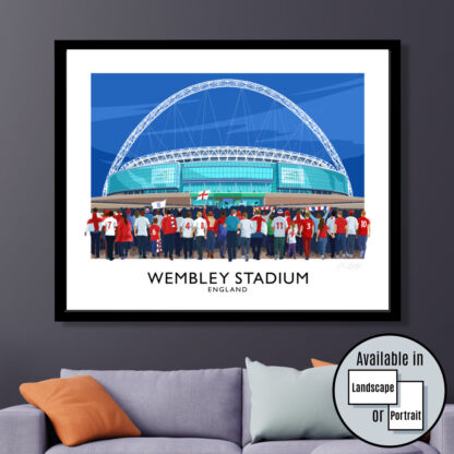 Vintage style poster art print of England football supporters arriving at Wembley Stadium, London.