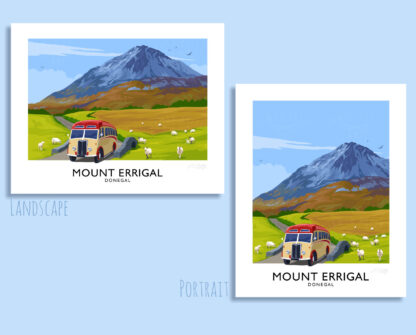 A vintage style travel poster art print of Mounr Errigal in County Donegal, Ireland.