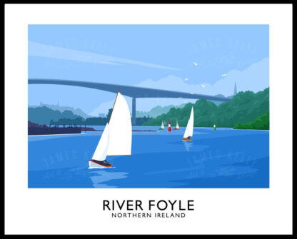 A vintage style art print of sailing boats on the River Foyle near Derry/Londonderry, with the Foyle Bridge in the background.