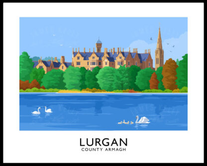 A vintage style poster art print of Lurgan Park with Brownlow House in the background.