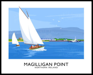 A vintage style poster art print of sailing boats off Magilligan Point