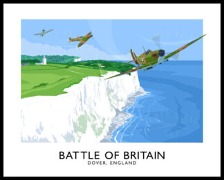 Vintage style travel poster art print of Supermarine Spitfires flying over the White Cliffs of Dover in the Battle of Britain WW2
