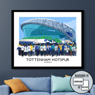 Vintage style travel poster art print of Spurs supporters arriving at the new Tottenham Hotspur Stadium