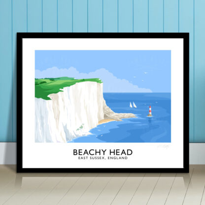 Vintage style travel poster art print of the white cliffs at Beachy Head in East Sussex, England.