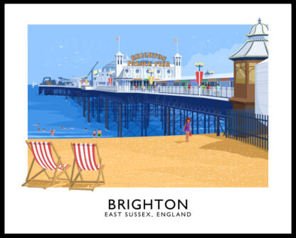 Vintage style travel poster art print of Brighton Pier in East Sussex, England.
