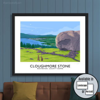 A vintage style art print of the Cloughmore Stone, Rostrevor, County Down.