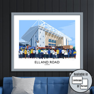 Vintage style travel poster art print of Leeds Utd supporters arriving at Elland Road stadium