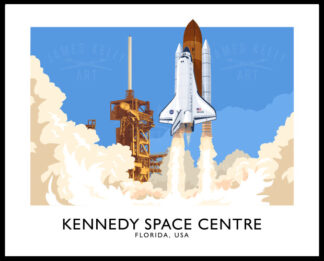 Vintage style poster art print of the Space Shuttle Atlantis launching at the Kennedy Space Centre, Florida