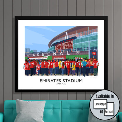 Vintage style travel poster art print of Arsenal fans at the Emirates Stadium