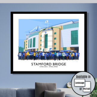 Vintage style travel poster art print of Chelsea football supporters arriving at Stamford Bridge stadium