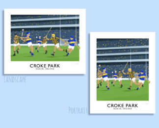 Vintage style travel poster art print of a GAA hurling match at Croke Park Stadium in Dublin.