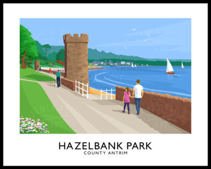 Vintage style travel poster art print of Hazelbank Park, County Antrim.