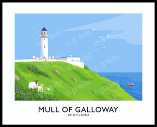 A vintage style poster art print of the Mull of Galloway lighthouse, Scotland.
