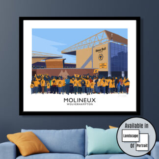 Vintage style travel poster art print of Wolverhampton Wanderers supporters arriving at Molineux stadium