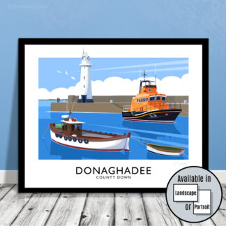 Vintage style travel poster art print of Donaghadee harbour, lighthouse and RNLI Lifeboat