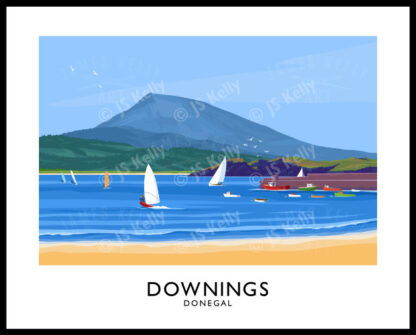 Vintage style travel poster art print of Downings beach in County Donegal