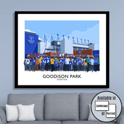 Vintage style travel poster art print of Everton FC supporters arriving at Goodison Park stadium.