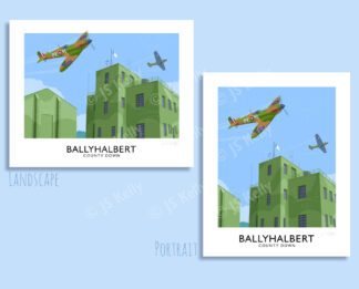 Vintage style travel poster art print of a Spitfire and Hurricane at Ballyhalbert airfield in WW2