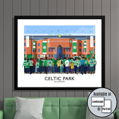 A vintage style travel poster art print of Glasgow Celtic supporters arriving at Celtic Park stadium