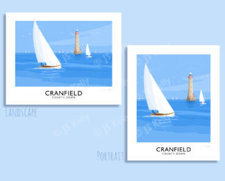 A vintage style travel poster art print of sailing yachts off Haulbowline Lighthouse at Cranfield, County Down.