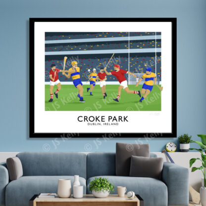 Vintage style travel poster art print of a GAA hurling match at Croke Park Stadium in Dublin.