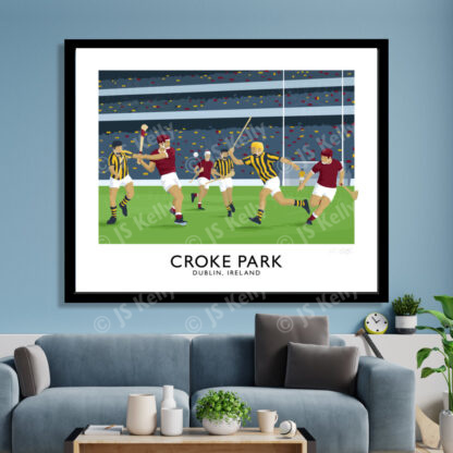 Vintage style travel poster art print of a GAA hurling match at Croke Park Stadium in Dublin.