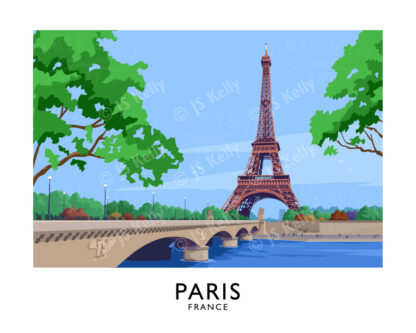 A vintage style travel poster art print of Paris featuring the Eiffel Tower