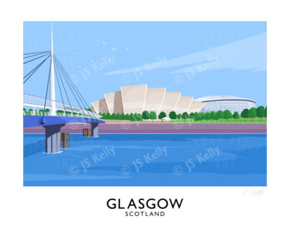 A vintage style travel poster art print of Glasgow featuring the SECC and the Clyde