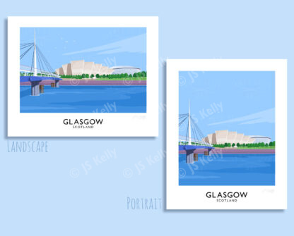 A vintage style travel poster art print of Glasgow featuring the SECC and the Clyde