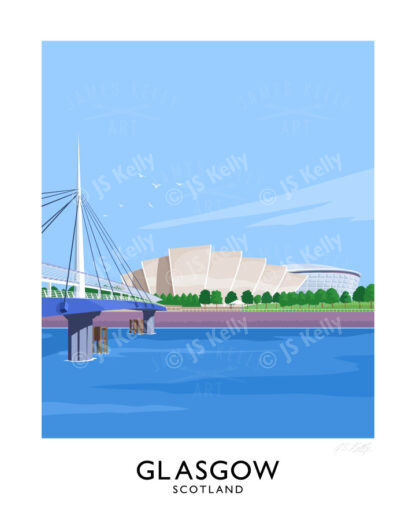 A vintage style travel poster art print of Glasgow featuring the SECC and the Clyde