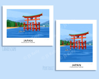 A vintage style travel poster art print of the Itsukushima Shrine, Japan