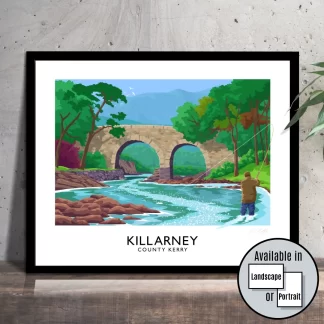 A vintage style art print of a gentleman fly fishing near Old Weir Bridge in Killarney National Park, County Kerry, Ireland.