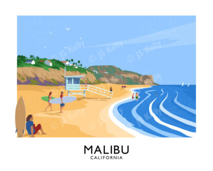 A vintage style travel poster art print of surfers at Malibu, USA.