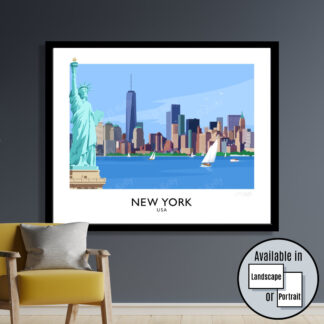 A vintage style travel poster art print of the New York Skyline, USA.