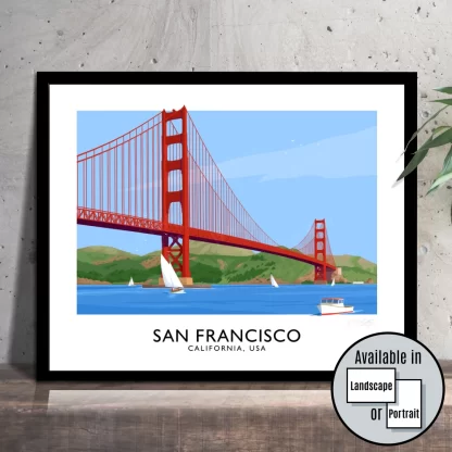 A vintage style travel poster art print of the Golden Gate Bridge at San Francisco, California, USA