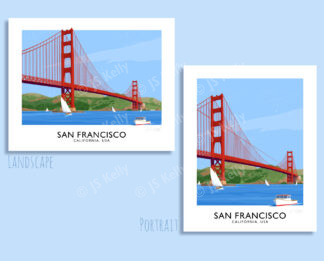 A vintage style travel poster art print of the Golden Gate Bridge at San Francisco, California, USA