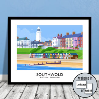 Vintage style travel poster art print of Southwold Lighthouse and beach huts, Sufffolk, England.