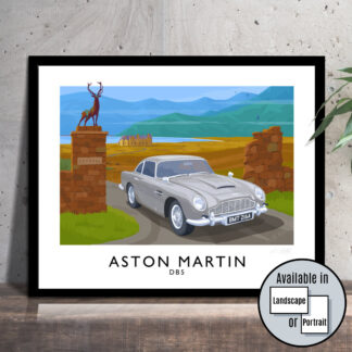 Vintage style travel poster art print of the iconic Aston Martin DB5 as used by James Bond 007