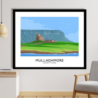 Vintage style travel poster art print of Mullaghmore with Classiebawn Castle and Benbulbin mountain in Co Sligo.