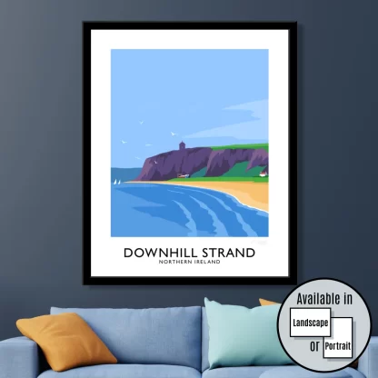 A vintage style travel poster art print of Downhill Strand and Mussenden Temple in Derry/Londonderry.