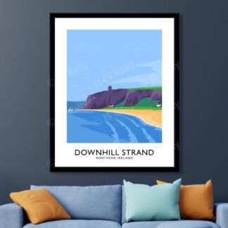 A vintage style travel poster art print of Downhill Strand and Mussenden Temple in Derry/Londonderry.